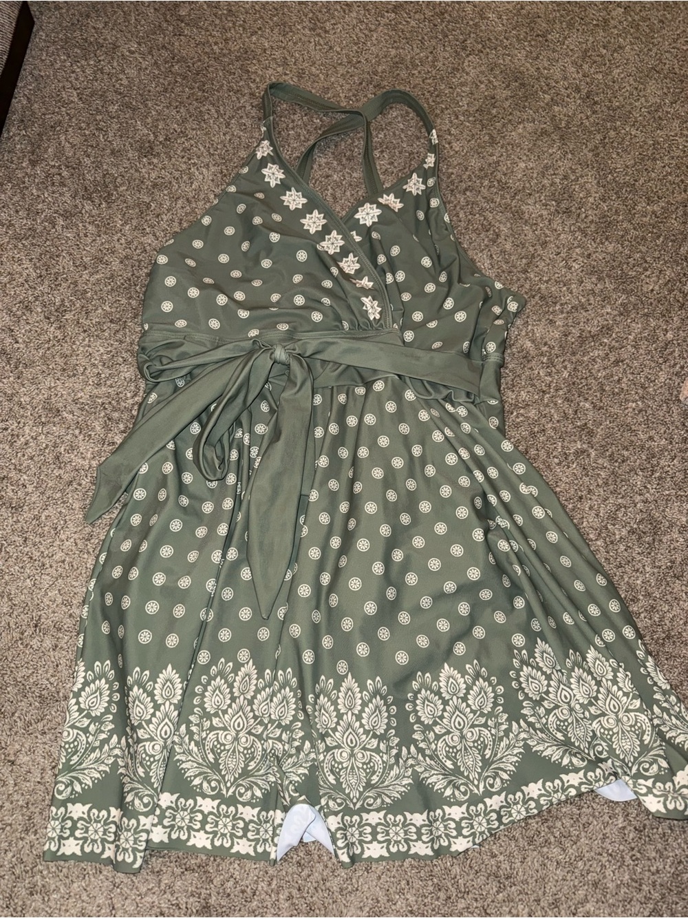 BloomChic Sage Green One-Piece Swimsuit with White Print